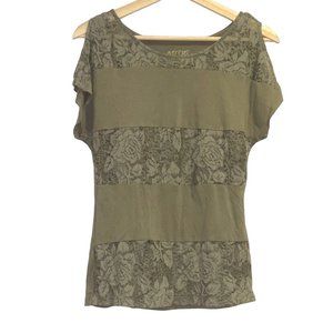 Apt. 9 Cold Shoulder Lace Strip Short Sleeve Top Green Size XS Womens Rayon Cute
